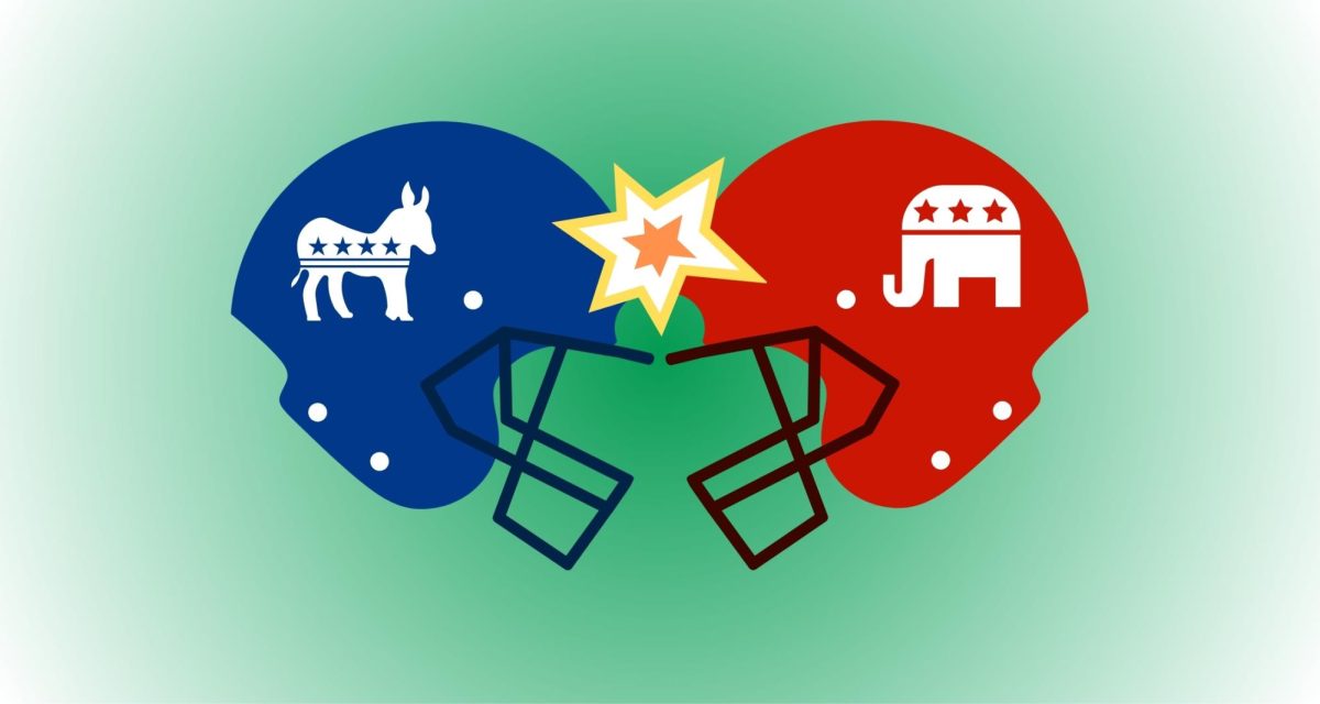 A depiction of the Democratic and Republican parties as clashing football helmets. (The University News / Nejla Hodzic)