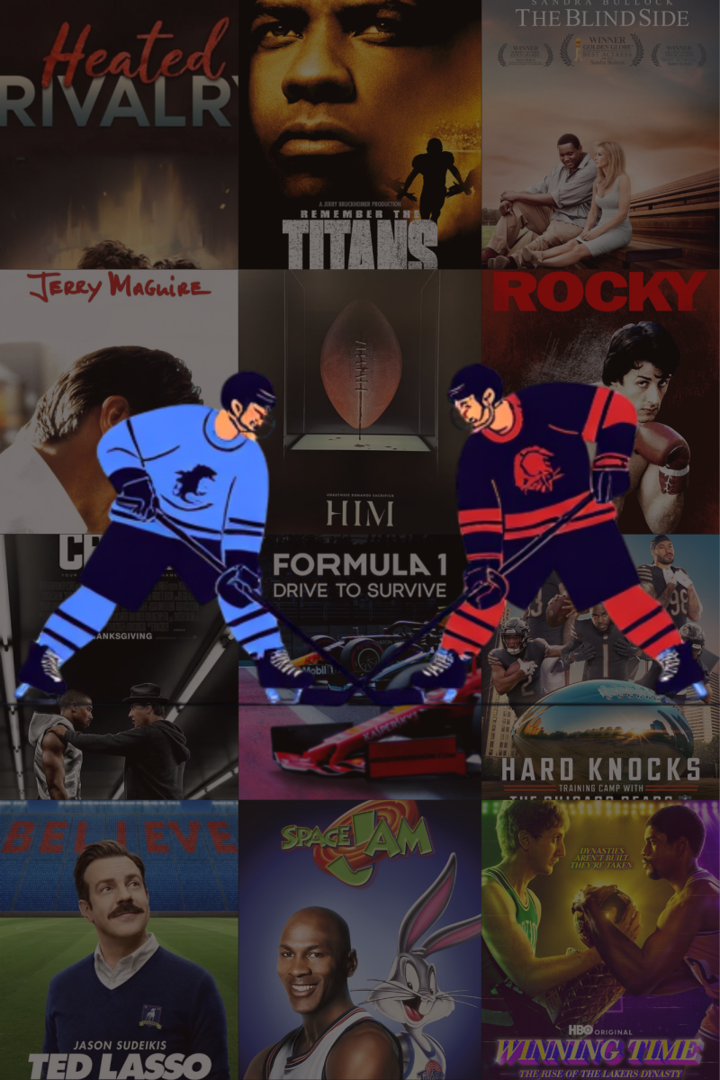 Various popular examples of sports media behind a graphic of fictional hockey players, Shane Hollander and Ilya Rozanov, from the series "Heated Rivalry." 