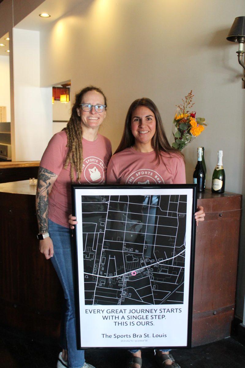 Owners of the St. Louis location of The Sports Bra Heather Hill (left) and Sara Pilsner (right) celebrate the lease signing for the new bar in Maplewood, MO in October 2025. 