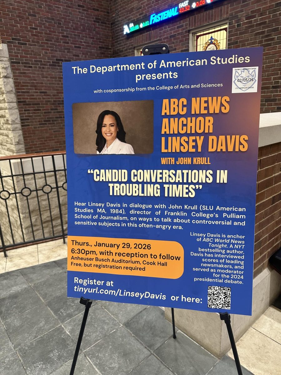 “Candid Conversations in Troubling Times” event poster on display outside the Anheuser-Busch Auditorium on Thursday Jan. 29, 2026.