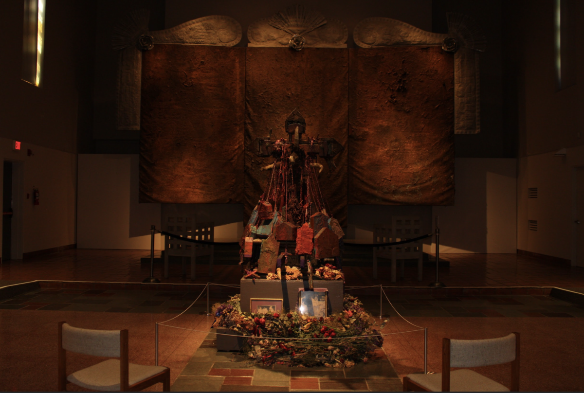 Michael Tracy's pieces "Cruz to Bishop Oscar Romero, Martyr of El Salvador" and "Triptych: Eleventh, Twelfth, and Thirteenth Stations of the Cross for Latin America - La Pasión".
