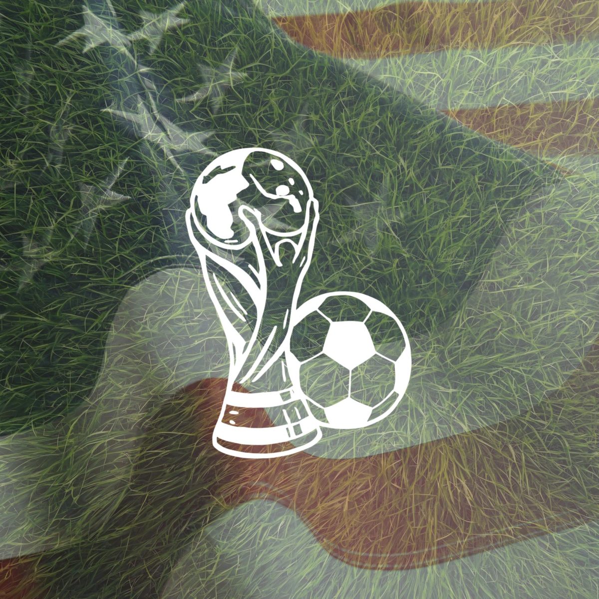 The World Cup and a soccer ball in front of an American flag.