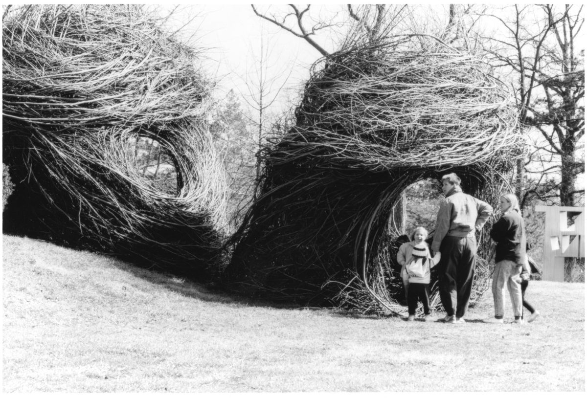 Patrick Dougherty’s 1991 black and white photograph, “Whim Whams,” in the Laumeier Sculpture Park Commission photo archive. (Laumeier Sculpture Park)