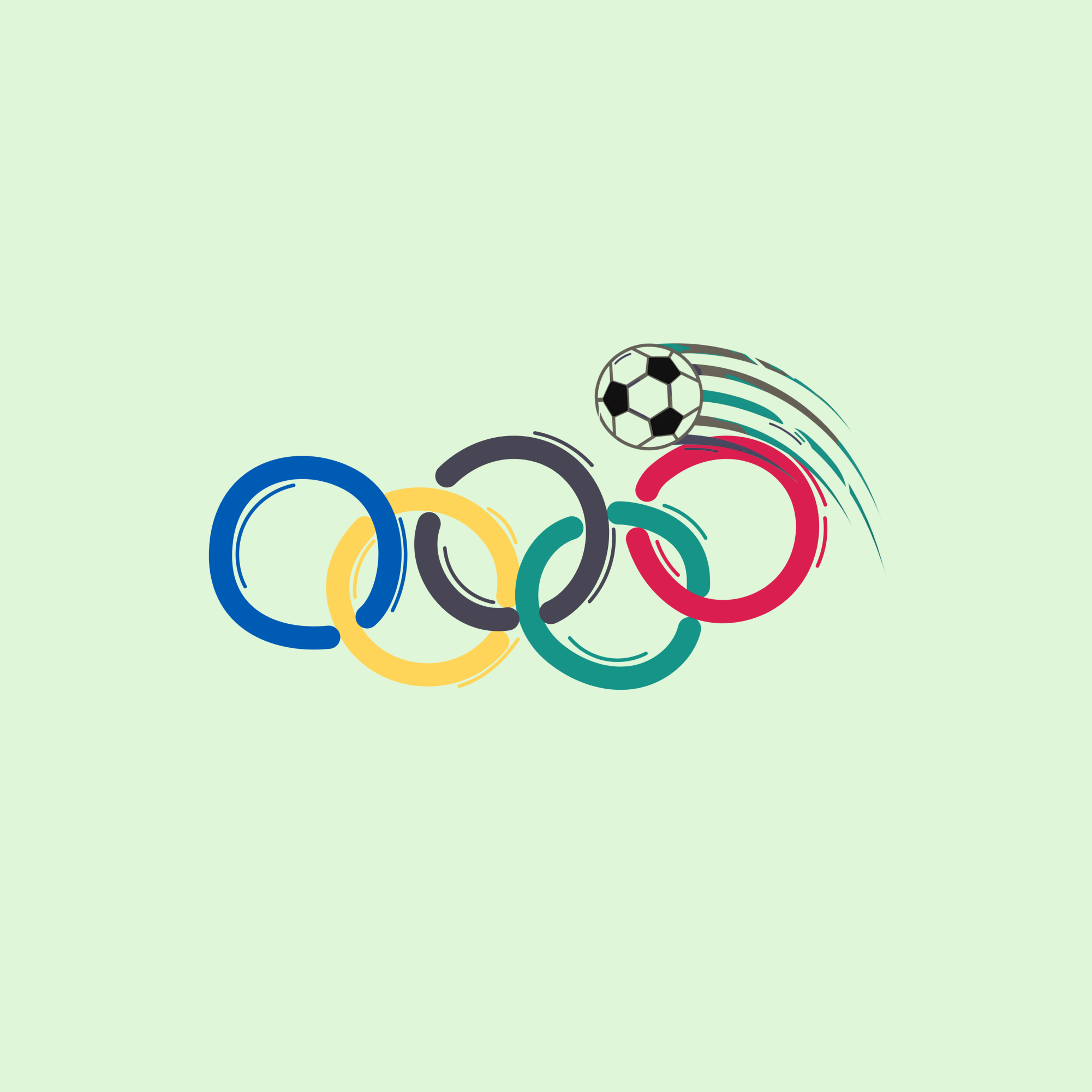 A graphic depicting a soccer ball over the Olympic rings.
