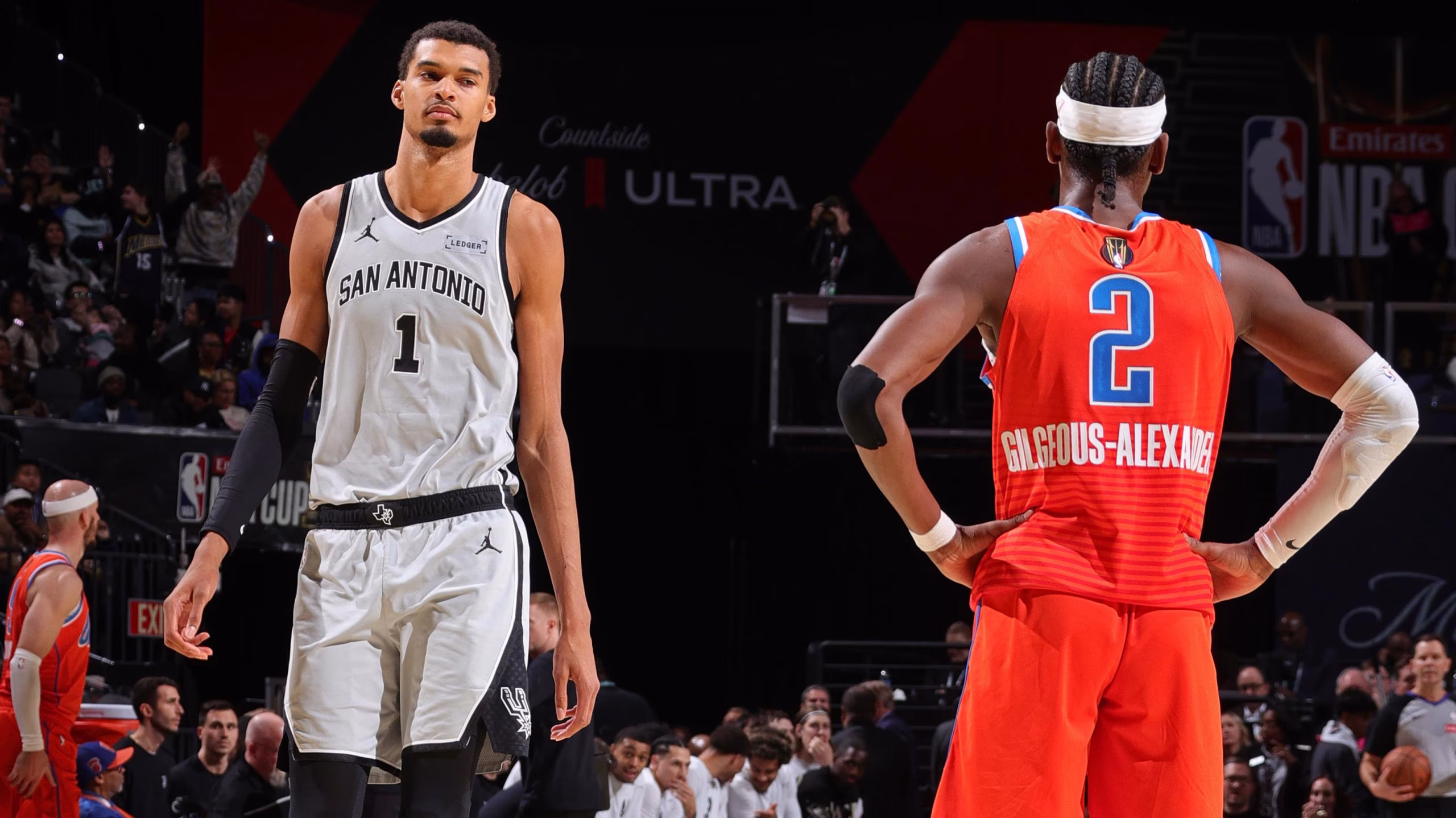 San Antonio Center Victor Wembanyama staring down Oklahoma City Shooting Guard Shai Gilgeous-Alexander in an NBA Cup matchup on December 13, 2025. (Photo by Nathaniel S. Butler)